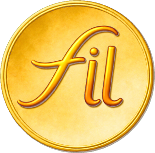 The house medallion: the word fil in gold script on a round gold coin.