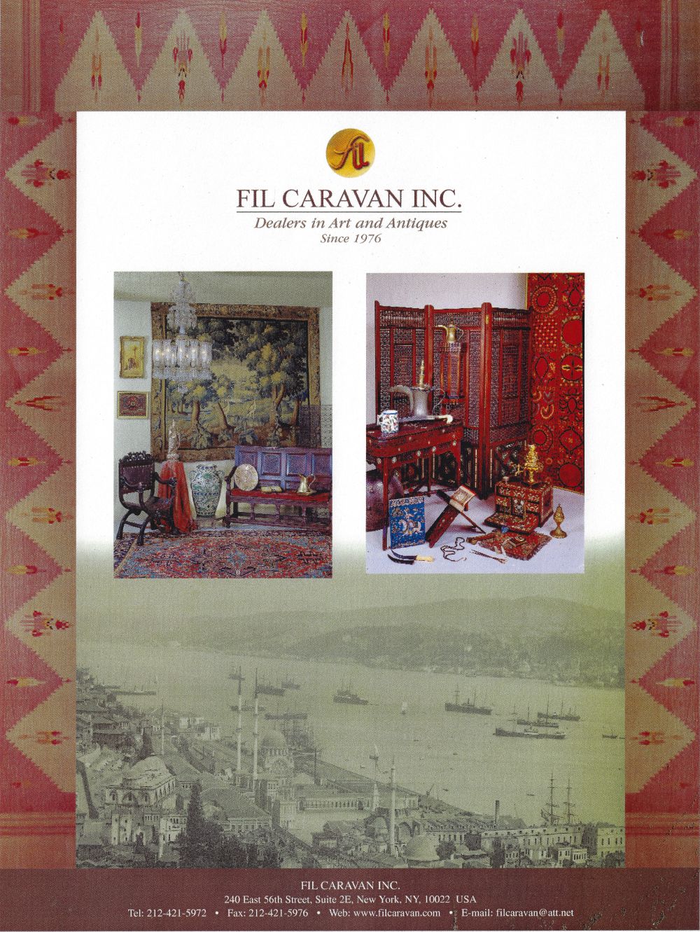 A full page gallery advertisement: the gold fil medallion above the words FIL CARAVAN INC., Dealers in Art and Antiques, Since 1976, two photographs of the gallery rooms, and a sepia panorama of the Bosphorus at Istanbul, the whole framed by a pink and red kilim border.