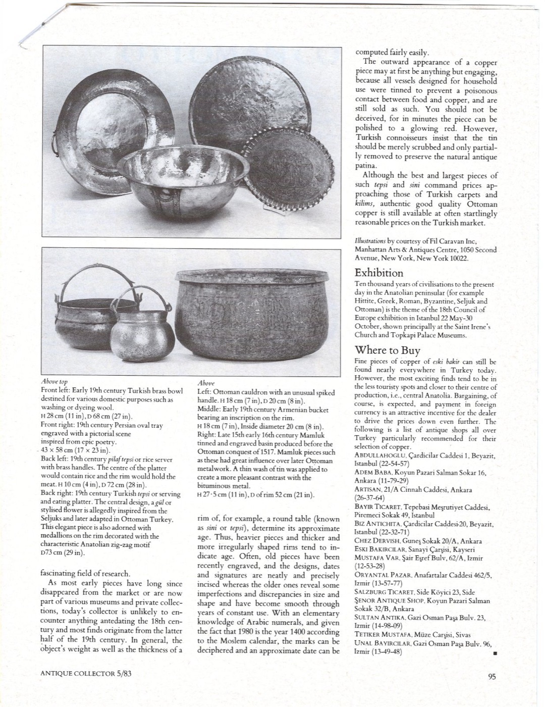 A magazine page from Antique Collector, May 1983, with two black and white photographs of Ottoman copper: brass bowls, an engraved Persian tray and a rice server above, and a Mamluk basin with two cauldrons below, beside columns of text ending in a credit to Fil Caravan Inc.