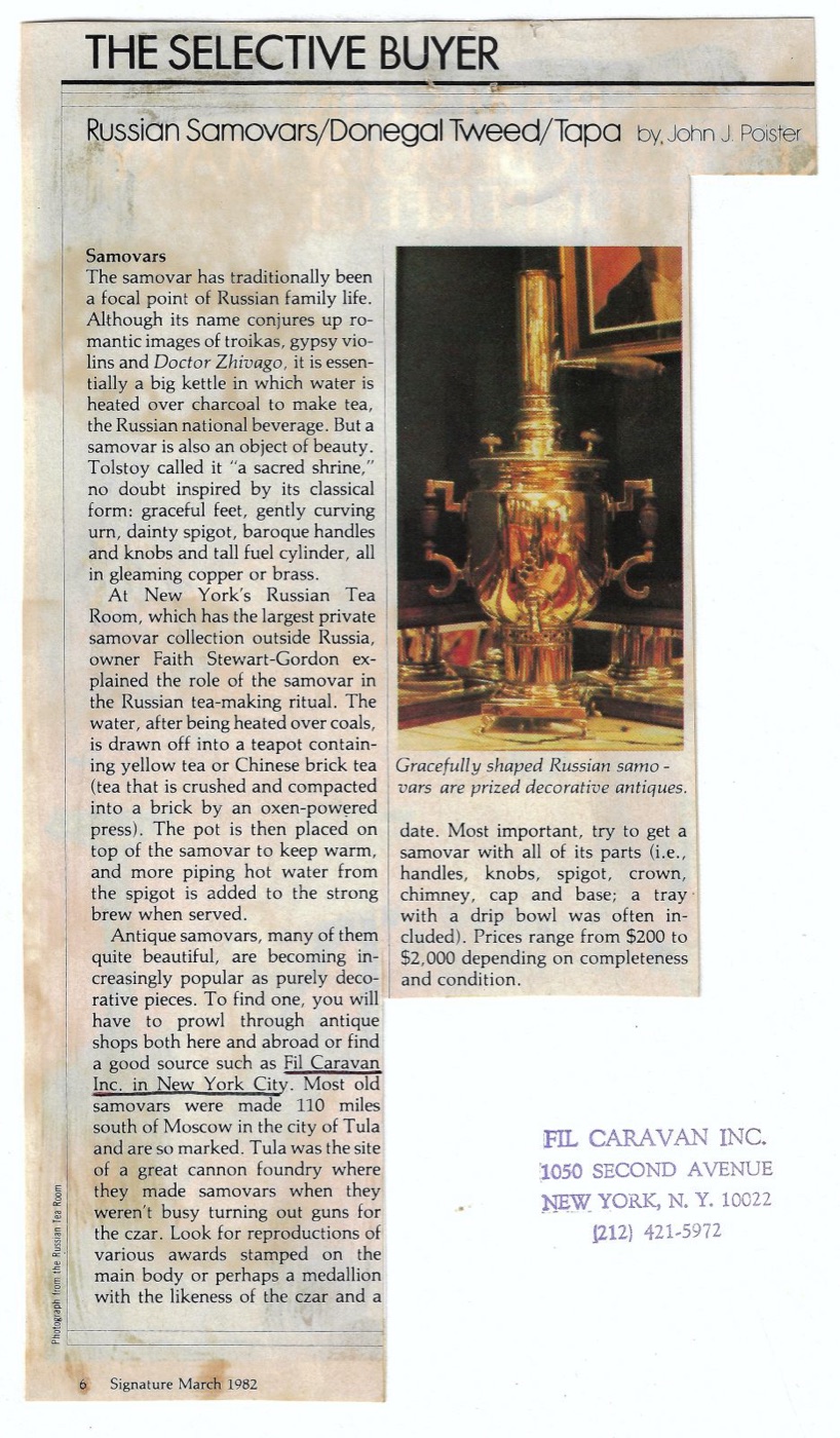 A magazine clipping headed The Selective Buyer, Russian Samovars, Donegal Tweed, Tapa, by John J. Poister, with a colour photograph of a brass Russian samovar, the mention of Fil Caravan Inc. underlined in the text, and the gallery's purple rubber stamp reading FIL CARAVAN INC., 1050 SECOND AVENUE, NEW YORK, N.Y. 10022.