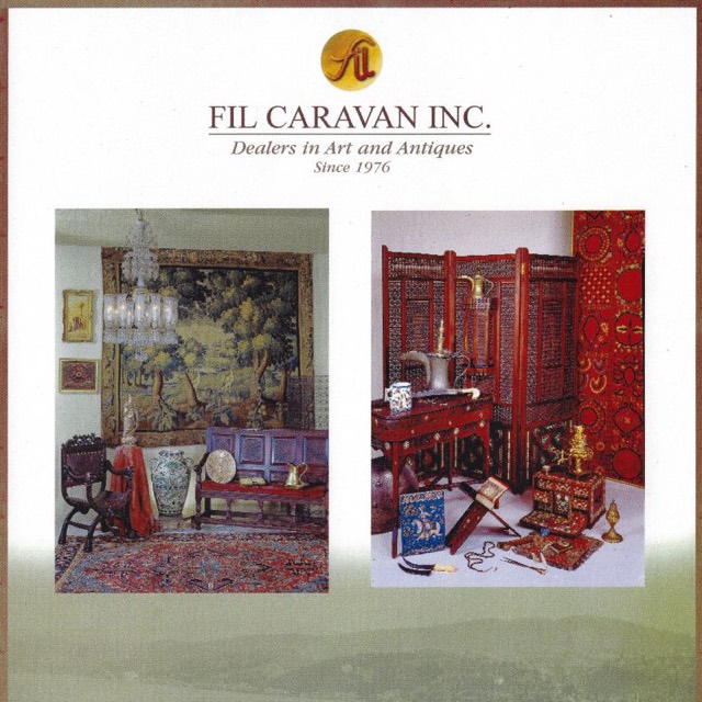 The house advertisement: FIL CARAVAN INC., Dealers in Art and Antiques, Since 1976, above two photographs of the gallery rooms.