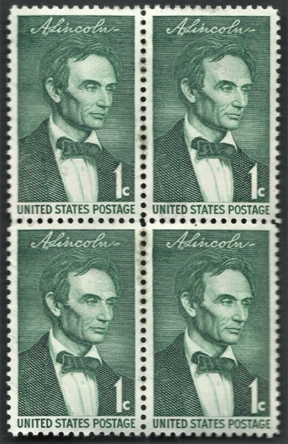 Abraham Lincoln 1¢ Stamp, 1958, Block of Four