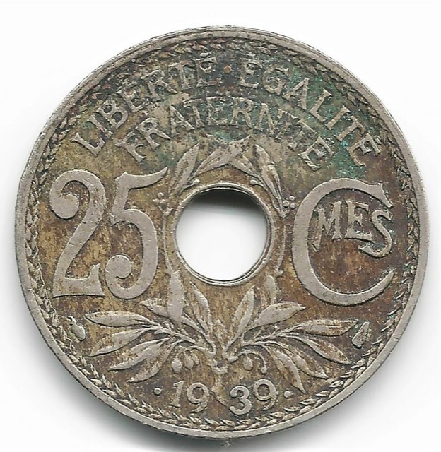 France, 25 Centimes, 1939, Holed Copper-Nickel Type, photograph 2