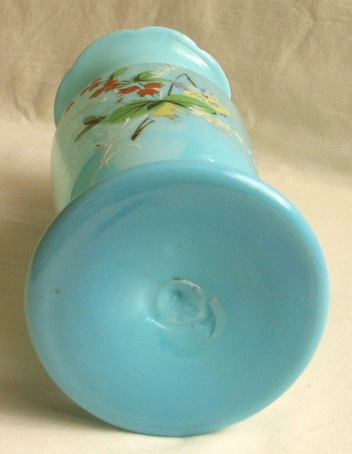 Turquoise Opaline Glass Vase with Painted Bouquet, photograph 3