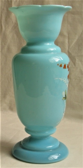 Turquoise Opaline Glass Vase with Painted Bouquet, photograph 4