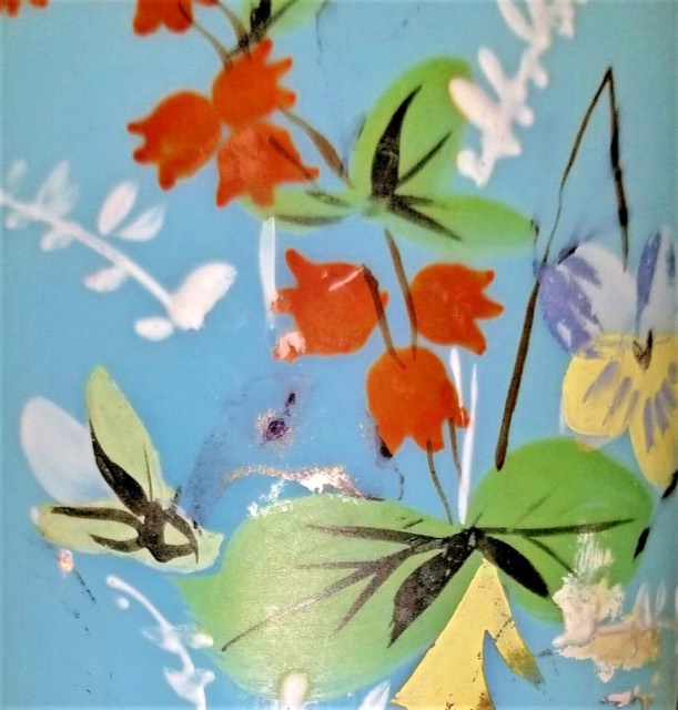 Turquoise Opaline Glass Vase with Painted Bouquet, photograph 5
