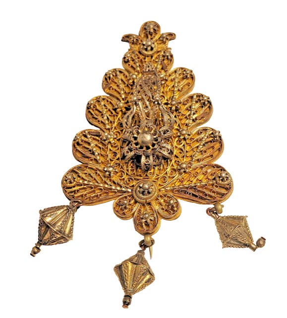 Ottoman Gilt Silver Filigree Brooch, Floral Leaf Form