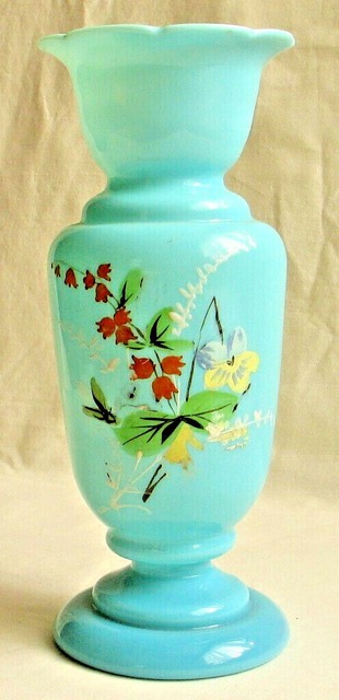 Turquoise Opaline Glass Vase with Painted Bouquets