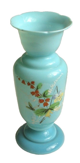 Turquoise Opaline Glass Vase with Painted Bouquets, photograph 2