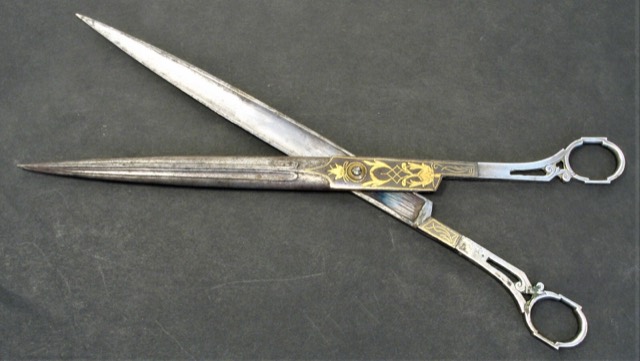 Ottoman Calligraphy Scissors, Gold Damascened with Silver Handles