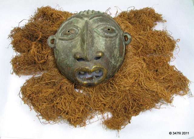 Bamun Bronze Ceremonial Mask with Raffia