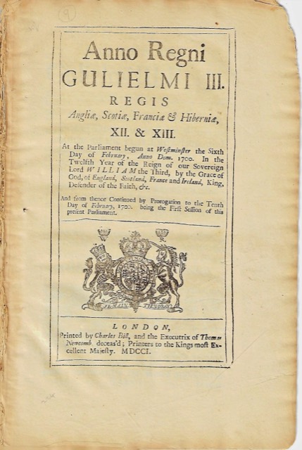 1701 Act of Parliament: Anno Regni Gulielmi III