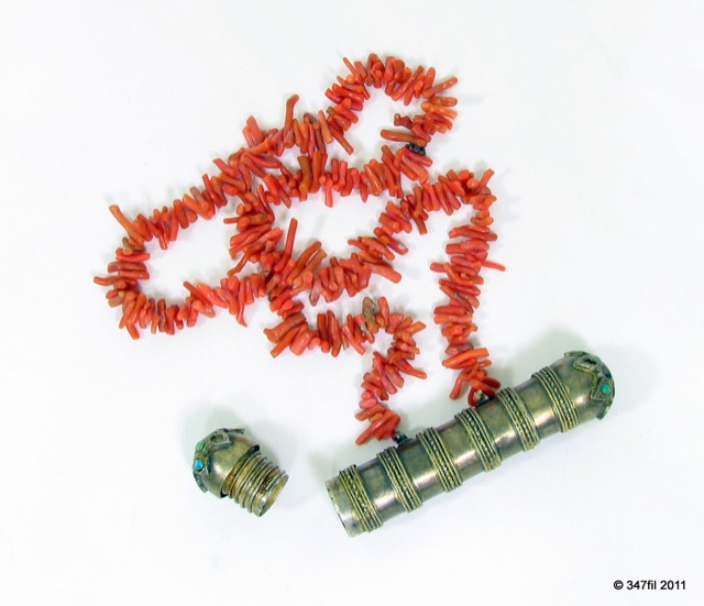 Silver Scroll Amulet on a Coral Necklace, Yemen, photograph 2