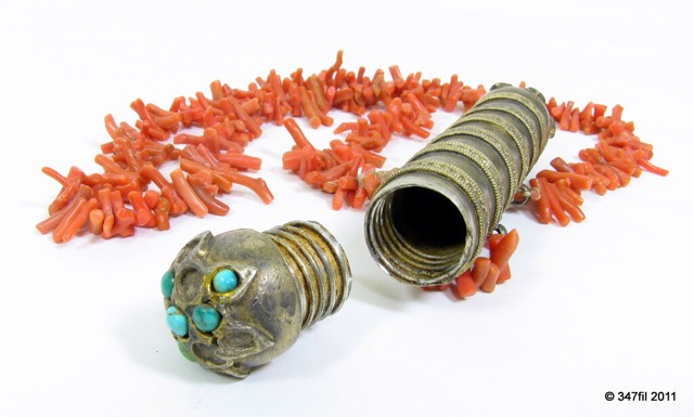 Silver Scroll Amulet on a Coral Necklace, Yemen, photograph 3
