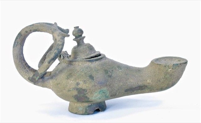 Byzantine Bronze Oil Lamp with Orthodox Cross