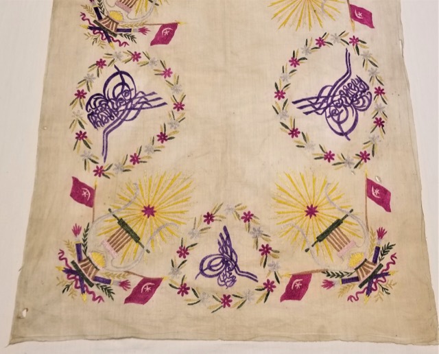Ottoman Silk-Embroidered Linen Table Cover with Tughra Motifs