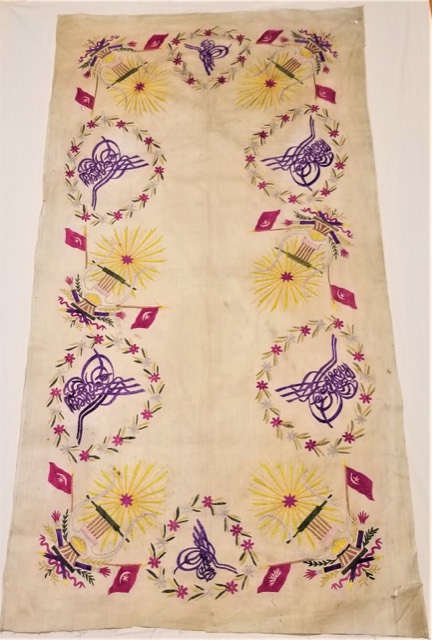 Ottoman Silk-Embroidered Linen Table Cover with Tughra Motifs, photograph 3