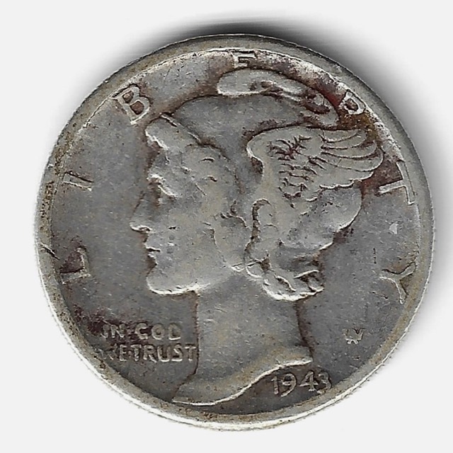 1943-P Mercury Winged Liberty Silver Dime, Philadelphia Mint