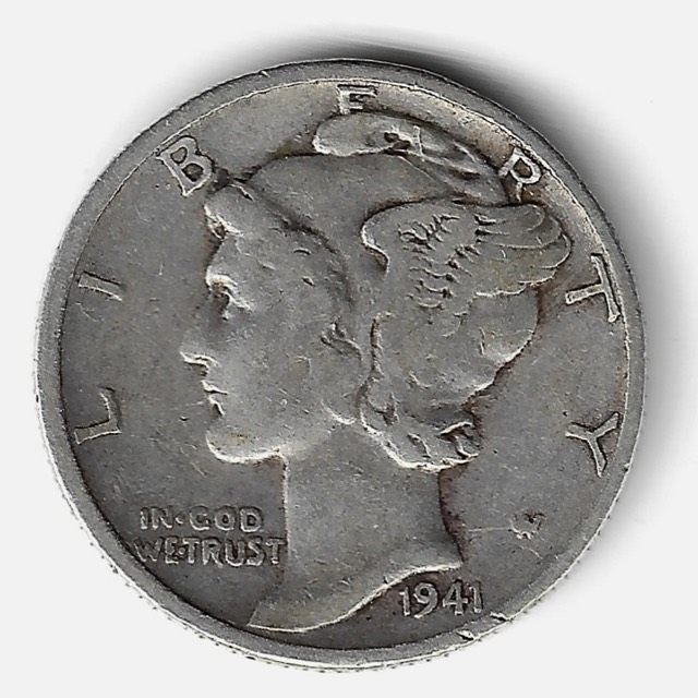 1941-P Mercury Winged Liberty Silver Dime, Philadelphia Mint