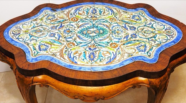 Ottoman Kütahya Tile Panel in a French Fruitwood Table