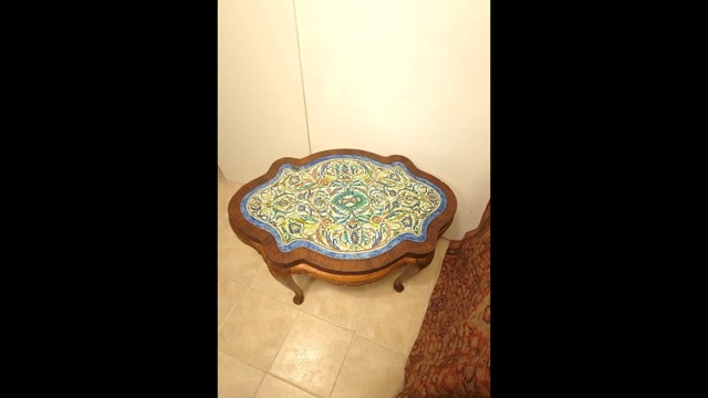 Ottoman Kütahya Tile Panel in a French Fruitwood Table, photograph 2