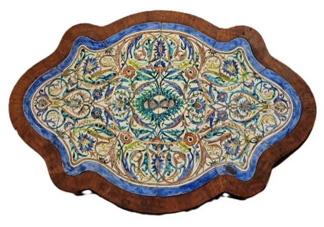 Ottoman Kütahya Tile Panel in a French Fruitwood Table, photograph 4